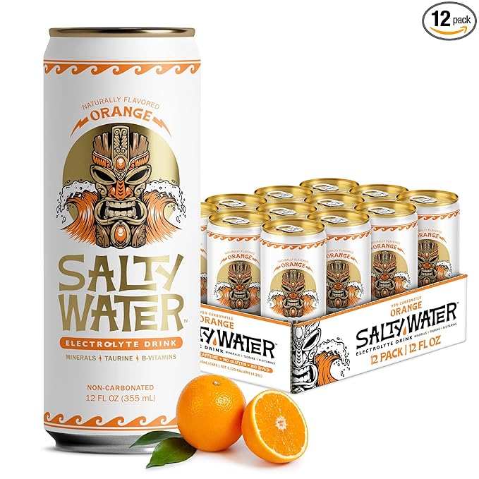 SaltyWater Electrolyte Drink Orange – Zero Sugar Premium Hydration Drink 10 Calories Minerals Taurine B-Vitamins Non-Carbonated - Zero Caffeine Electrolyte Sports Drink - Gluten Free - 12 Pack (