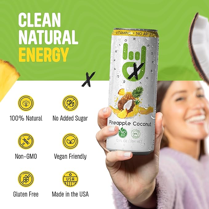 Superior Energy Electrolytes Drink Zero Calories – Energy Drink Zero Sugar – Pineapple Coconut Flavor 90mg Natural Caffeine – Pack of 12 (12 fl oz each)
