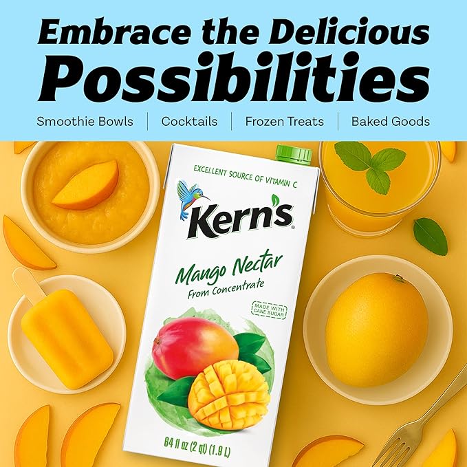 Kern’s Mango Juice Nectar - Mango Nectar Made with Fresh Fruit Puree - Tropical Fruit Juice Concentrate for Smoothie Mix Cocktail Mixers &amp Kids Drinks &amp Beverages - 64oz 8 Pack Carton