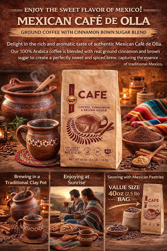 Mexican Cafe Ground Coffee - Cinnamon Brown Sugar Arabica Blend Pre-Sweetened 40oz (40 Cups) Hot/Iced