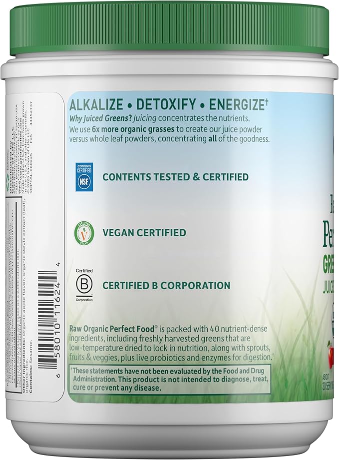 Garden of Life Raw Organic Perfect Food Green Superfood Juiced Greens Powder - Apple Flavor30 Servings - Vegan Gluten Free Whole Food Dietary SupplementGreens Plus Probiotics &amp Enzymes(Pack of