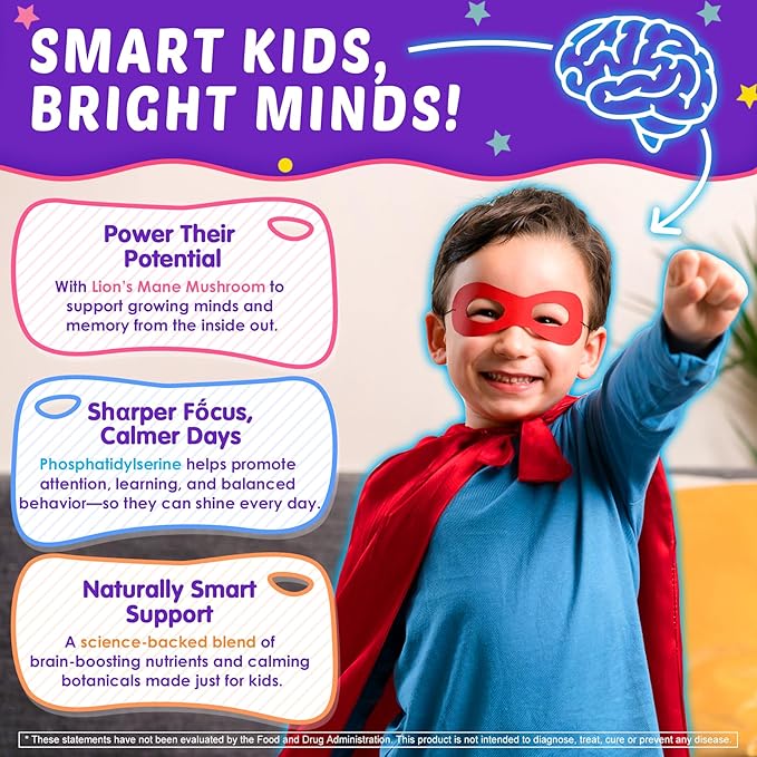 Kids Brain Gummies with Lion's Mane Mushroom Methyl B6 B9 B12 Super Greens Lutein Brain Booster Supplement for Focus &amp Attention Cognitive Function Vision &amp Energy Sugar Free Vegan 6