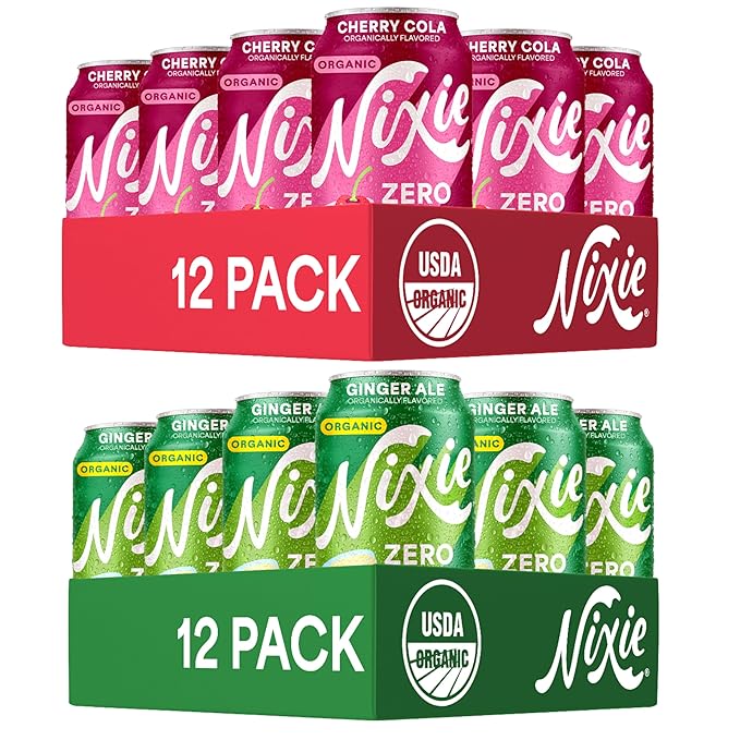 Nixie Organic Zero Sugar Soda Cherry Cola &amp Ginger Ale 0 Sugar 0 Calories Healthy Soda Pop Non-GMO 12oz Cans (24 Pack)
