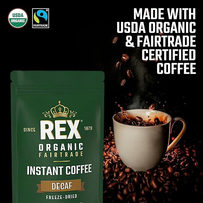 Rex Organic Fairtrade Natural Decaf Freeze-Dried Instant Coffee – Naturally Decaffeinated Arabica 7.05 oz (Pack of 2) Resealable Pouch Bag – Lab Tested for Mold &amp Mycotoxins