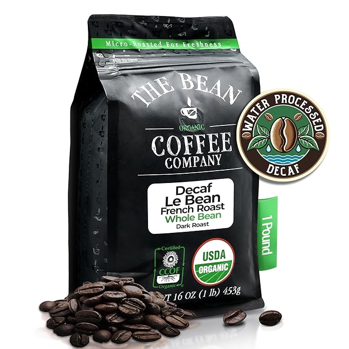 The Bean Organic Coffee Company Water Processed DECAF Le Bean Dark French Roast Whole Bean Coffee 16-Ounce Bag