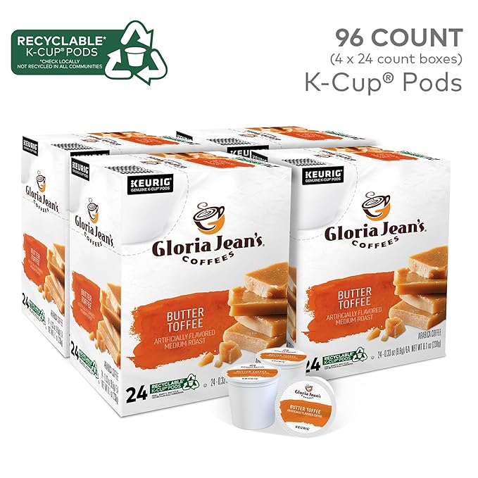 Gloria Jean's Butter Toffee Keurig Single-Serve K-Cup Pods Medium Roast 24 Pods Per Pack Case Of 4 Packs