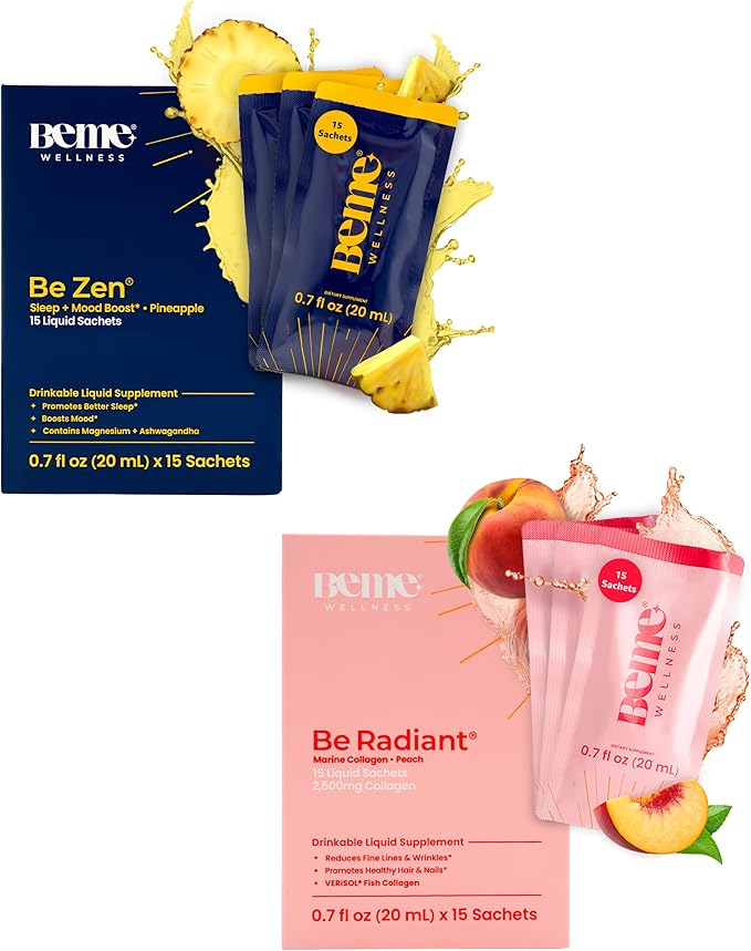 BeMe BeRadiant Peach &amp BeZen Bundle - Liquid Collagen &amp Magnesium Glycinate L-Theanine Supplements