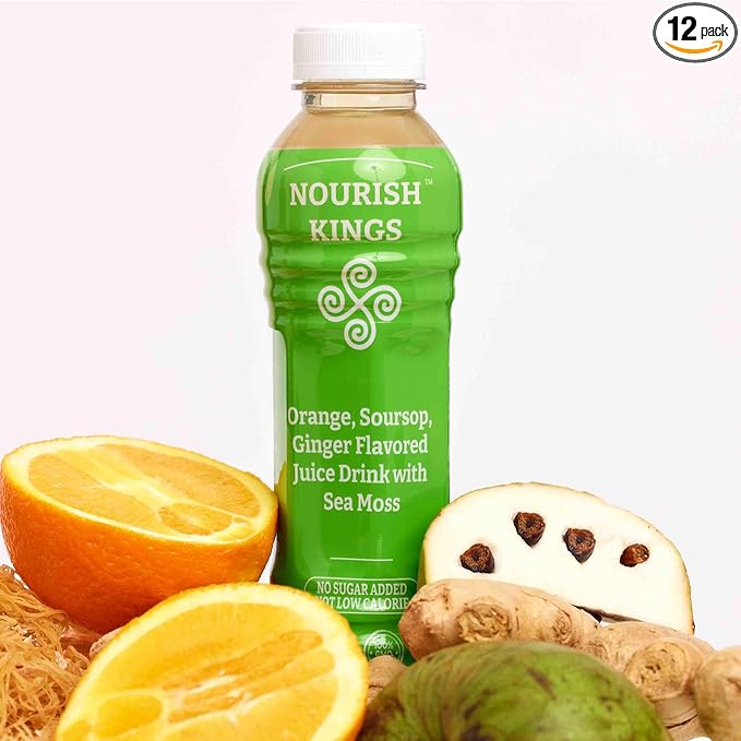 Nourish Kings- Sea Moss drink with Soursop Ginger &amp Orange juice No Added Sugars or Preservatives 12 pack of 15.2 Fl oz Bottles