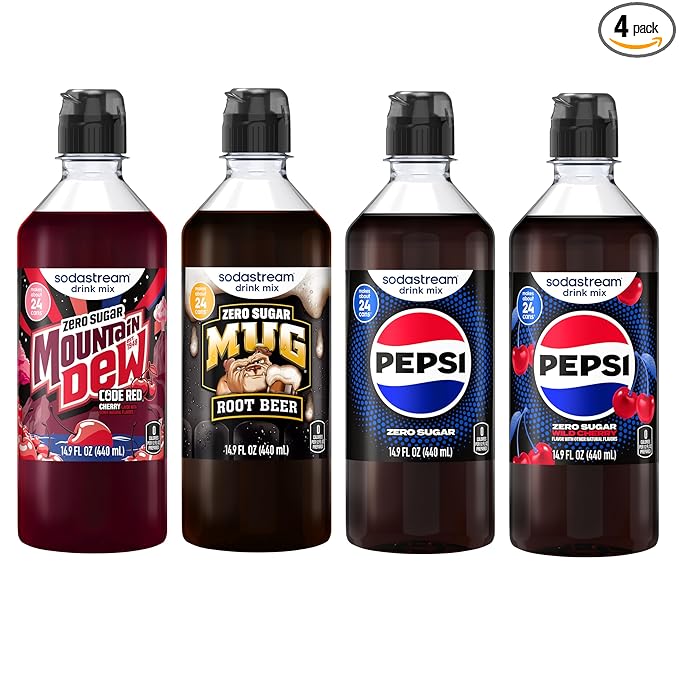 SodaStream MTN Dew Code Red Zero Mug Root Zero Pepsi Zero &amp pepsi Wild Cherry Zero New Pour Bottle Variety Pack 440ml (Pack of 4)
