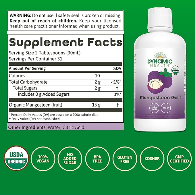 Dynamic Health Mangosteen Gold Organic Mangosteen 100% Juice No Additives Antioxidant Vegan Gluten Free Non-GMO 32 Fl oz