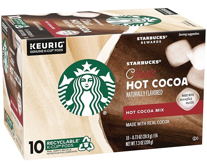 Starbucks Classic Hot Cocoa K-Cup Pods Made with Real Cocoa &amp Nonfat Milk K-Cup Pods for Keurig Brewing System 10 CT K-Cups Per Box (10 Count (Pack of 2))