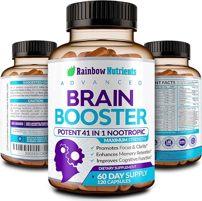 40-in-1 Brain Booster Supplements for Memory Focus Clarity Energy Performance | Natural Nootropic Brain Support Supplement with DMAE Bacopa Monnieri &amp More | For Men &amp Women | 120 V Capsu