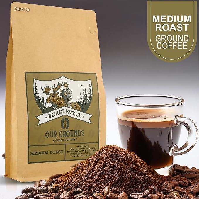 Our Grounds Coffee Roastevelt - Ground Medium Roast (100% Arabica Colombian Coffee) Non GMO- Low Acid- Single Origin - 12oz
