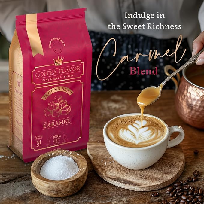 Flavored Ground Coffee – Caramel 100% Arabica Single Origin Medium Roast USDA Organic Naturally Flavored – by Coffea Flavor