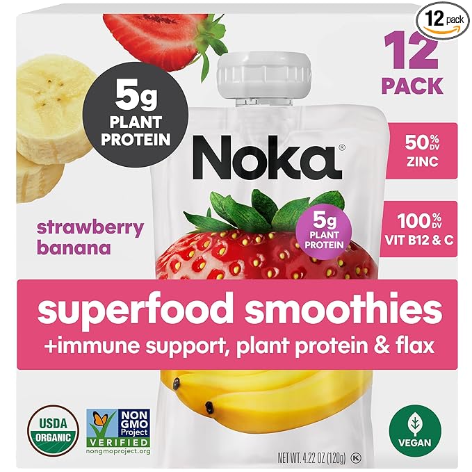 Noka Organic Superfood Fruit Smoothie Pouches Strawberry Banana with Immune Support Healthy Snacks with Elderberry Vitamin C Flax Seed and Plant Protein Gluten Free Vegan 4.22 oz (12 Pack)