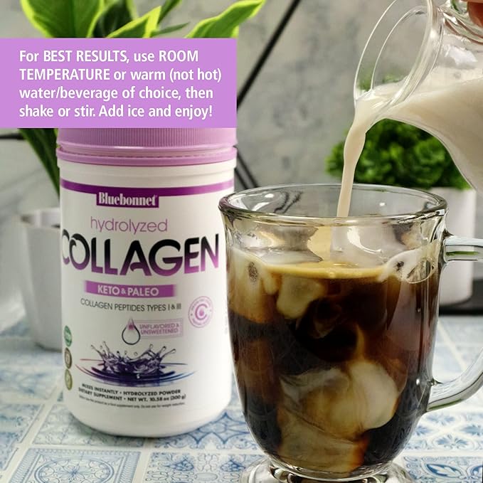 BlueBonnet Nutrition Hydrolyzed Collagen Powder Supports Hair Skin and Nails* Soy-Free Gluten-Free Non-GMO Grass-fed Cows Pasture Raised 10.58 oz 25 Servings Unflavored Unsweetened