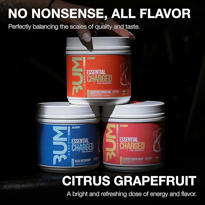 RAW Pre-Workout Powder Essential CHARGED (Citrus Grapefruit) - Preworkout Supplement for Men Women - Supports Focus Mood Performance - Caffeine Alpha-GPC L-Citrulline Beta Alanine (25 Servings)