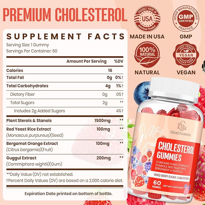 Cholesterol Supplement with Plant Sterols &amp Stanols Guggul Bergamot Orange Extract Red Yeast Rice Plant Sterols Complex Gummies Mixed Berry Flavor 60 Counts