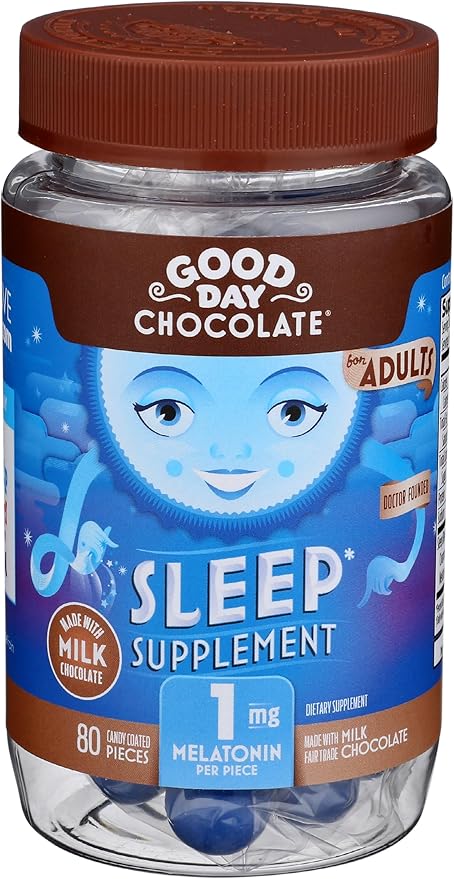 Good Day Chocolate Melatonin for Adults [ 80 Count ] - Fair Trade Non-GMO Chocolate with Chamomile and Melatonin 1 mg - Adult Melatonin Adult Natural Sleep Aid Supplement