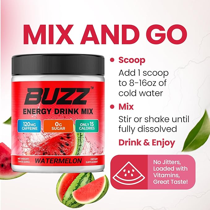 Morning Buzz Energy Drink Powder - Energy Boost Drink Mix - Sugar-Free Energy with Antioxidants - Morning Kickstart and Sports Nutrition Endurance Product - 30 Servings Watermelon 8 Ounces