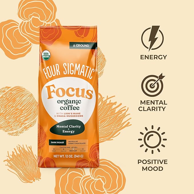 Four Sigmatic Focus + Balance Mushroom Coffee Bundle | Organic Ground Coffee with Lion's Mane Mushroom and Organic Coffee with Ashwagandha Chaga Mushroom Eleuthero and Tulsi | 12oz Bags