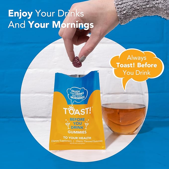 Toast! Before You Drink Gummies - Alcohol &amp Liver Support Supplement for Drinking &amp Better Morning - Recovery Relief &amp Detox - L-Cysteine Milk Thistle Ginseng Vitamins - Cherry Flavor