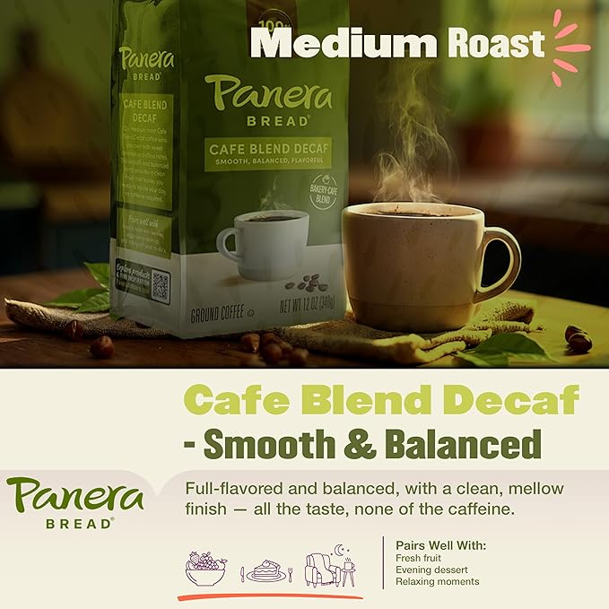 Panera Cafe Blend Decaf Ground Coffee - Medium Roast Decaf Coffee with Sweet Caramel &amp Citrus Notes - 100% Arabica Decaffeinated Ground Coffee - Smooth Balanced No Bitter Taste - 12oz Bag