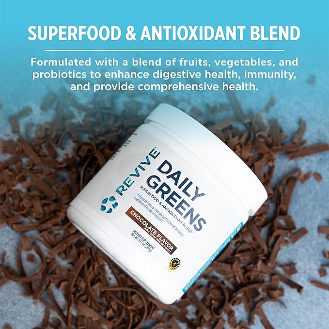 Revive MD Daily Green Powder Superfood (Chocolate) - Supergreens Powder to Support Energy Levels - Green Juice That Improves Fiber Intake - Vegetable Supports Digestion and Gut Health (30 Servings)