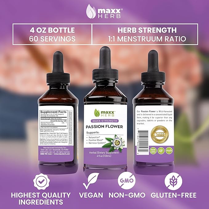 Maxx Herb Passion Flower Extract - Max Strength Passion-Flower Liquid Absorbs Better Than Capsules for Relaxation and Stress Relief Alcohol-Free - 4 Bottles 4 Oz Each (240 Servings)