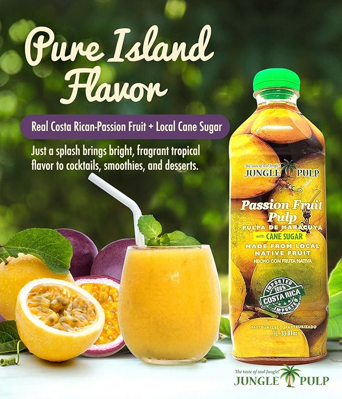 Jungle Pulp Passion Fruit Puree Costa Rica Blend Topping Flavoring Better Than Syrup For Cocktails Pastries Smoothies and Cooking 33.8oz/1 Liter.