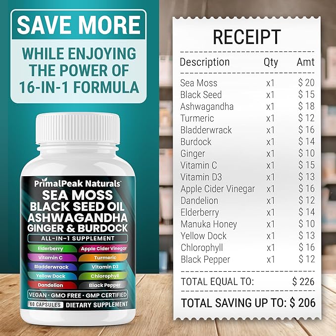 Sea Moss Black Seed Oil Ashwagandha Ginger Burdock Bladderwrack Turmeric &amp Vitamin C Vitamin D3 with ACV Elderberry Chlorophyll Dandelion Yellow Dock Vegan Capsules - 180 Count