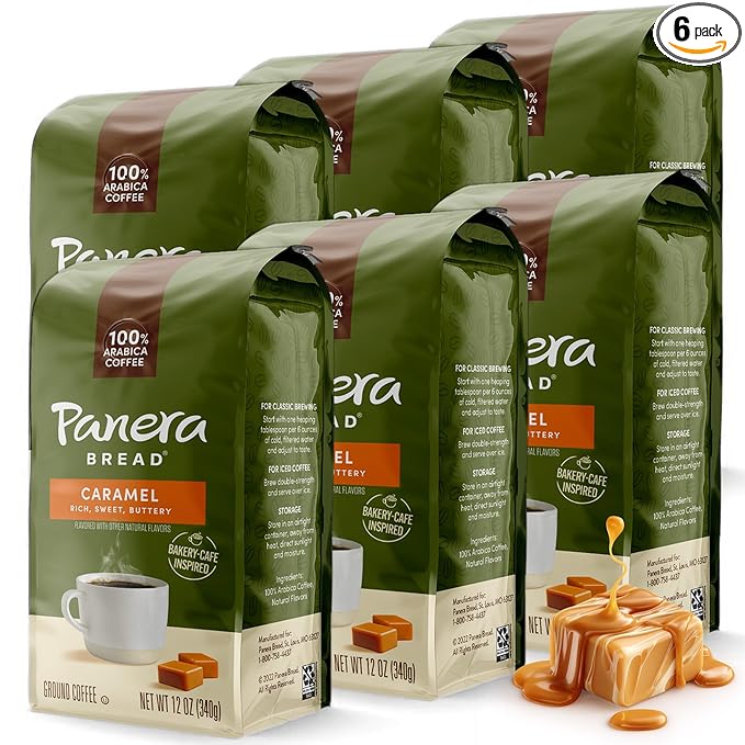 Panera Caramel Light Roast Ground Coffee 100% Arabica Naturally Flavored Caramel Rich Buttery Taste Sustainably Sourced 12oz Bag Pack of 6 (72 oz Total)