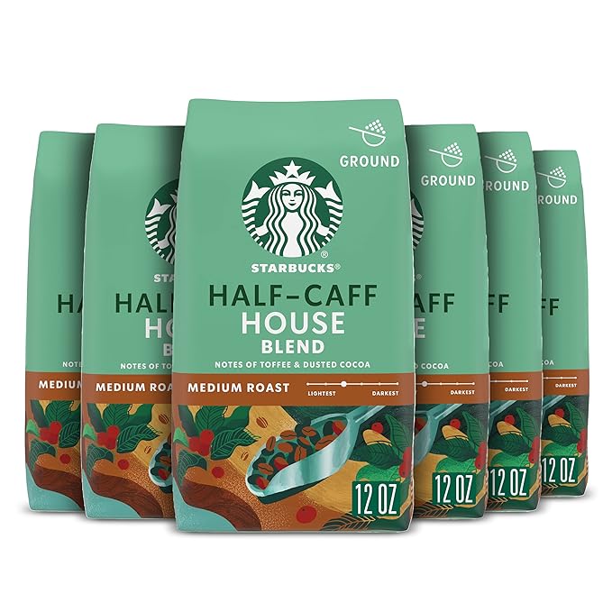 Starbucks Ground Coffee Medium Roast Coffee Half-Caff House Blend 100% Arabica 6 Bags (12 oz each)