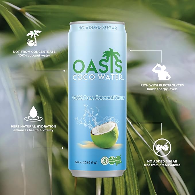 Oasis Coconut Water 12 Pack 100% Pure Coconut Water with Electrolytes Natural Hydration Electrolyte Water Drink Low Calorie No Sugar Added No Artificial Ingredients or Preservatives 320 ml Cans