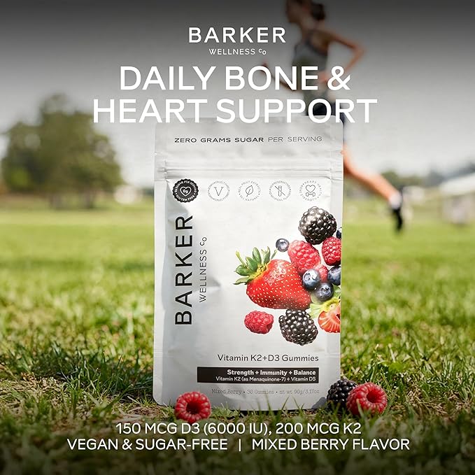 Barker Wellness D3 K2 Vitamin Gummies – Max Potency 6000IU D3 + 200mcg K2 for Strong Bones Cardiovascular Wellness Immune Support | Vegan Sugar-Free Delicious Mixed Berry | 30 Servings