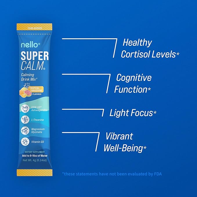 Nello Supercalm Drink Mix - Blue Coconut and Tropical Tangerine Ashwagandha KSM 66 Magnesium Glycinate &amp L-Theanine Supplement - Focus and Relaxation Support (2 x 20 Travel Packets)