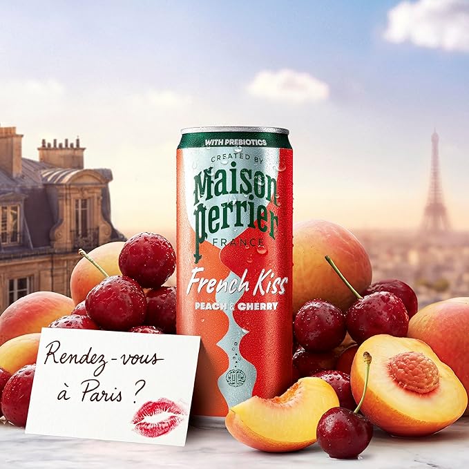 Maison Perrier French Kiss Sweetened Sparkling Juice Beverage Peach &amp Cherry Flavors With Real Fruit Juices 24Pk