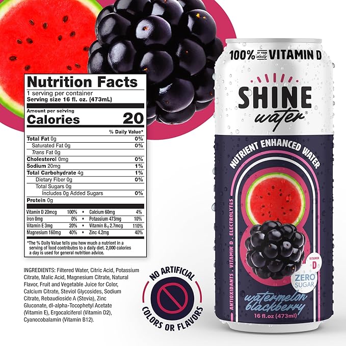 Shine Water Watermelon Blackberry Vitamin D Electrolyte Drinks 12-Pack Sugar Free Flavored Water with Magnesium Zinc &amp Antioxidants Low Calorie Hydration Beverage Plant-Based Vitamin Water Zer