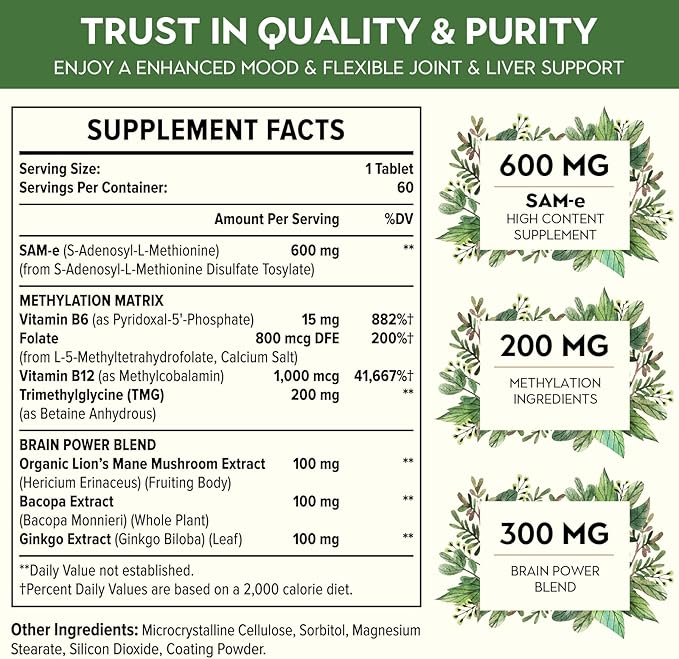 1100mg SAM-e (S-Adenosyl-L-Methionine) SAM e Supplement for Mood Joint &amp Liver Highest Concentration of Active SS Form Same Vegan 120 Tablets