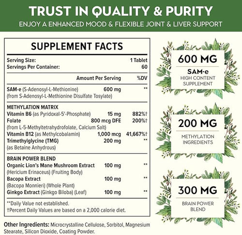 1100mg SAM-e (S-Adenosyl-L-Methionine) SAM e Supplement for Mood Joint &amp Liver Highest Concentration of Active SS Form Same Vegan 60 Tablets