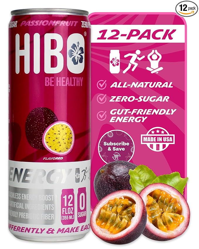 HIBO Healthy Energy Drink Sugar Free – Gluten-Free &amp Gut-Friendly Prebiotic Fiber with 140mg Caffeine &amp 60mg Green Coffee Extract Electrolytes – Supports Immunity &amp Focus - Pack of 12 Pa