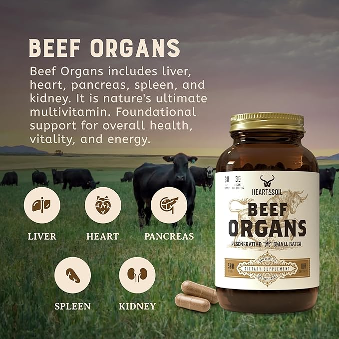 HEART &amp SOIL – 100% Grass Fed &amp Finished Beef Organs from Regenerative Cattle with Liver Heart Kidney Pancreas &amp Spleen – 3000mg Beef Organ Supplement for Women &amp Men – Glass Bottle