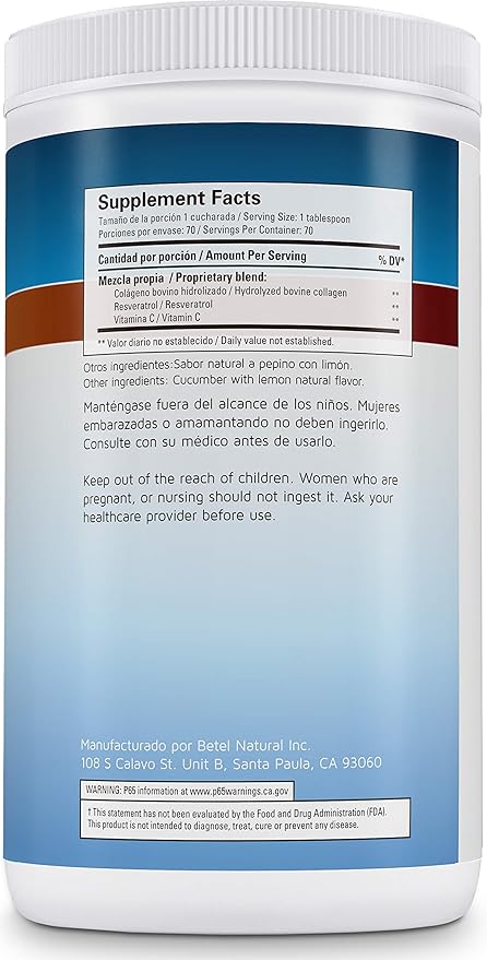 Betel Natural Premium Hydrolyzed Collagen (Colageno) Powder Healthy Skin Hair and Nails Support - Pepino con Limon Flavor