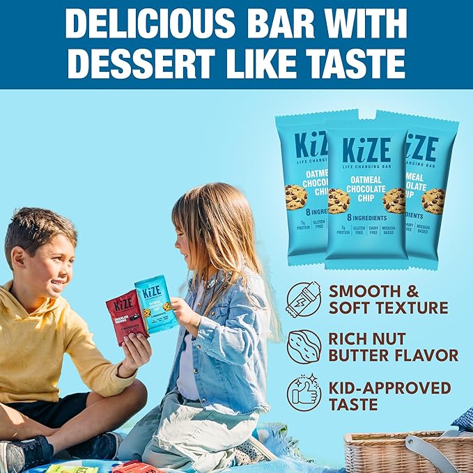 KiZE Energy Bars - Oatmeal Chocolate Chip - Gluten Free Dairy Free Non-GMO and High Protein Meal Replacement Energy Bars Clean and Simple Food Ingredients - 7g High Protein Snacks (10 Count)