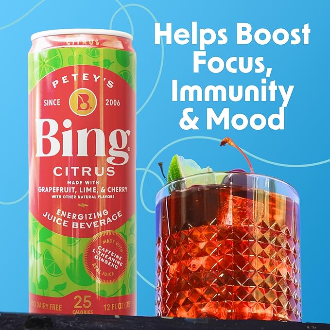BING Citrus Energizing Juice Beverage – Grapefruit &amp Lime (12oz/12pk) – Made with REAL Juice! Only 2g added Sugar Low Calorie L-Theanine + Ginseng+ Caffeine + Taurine Vegan Gluten + Dairy Free