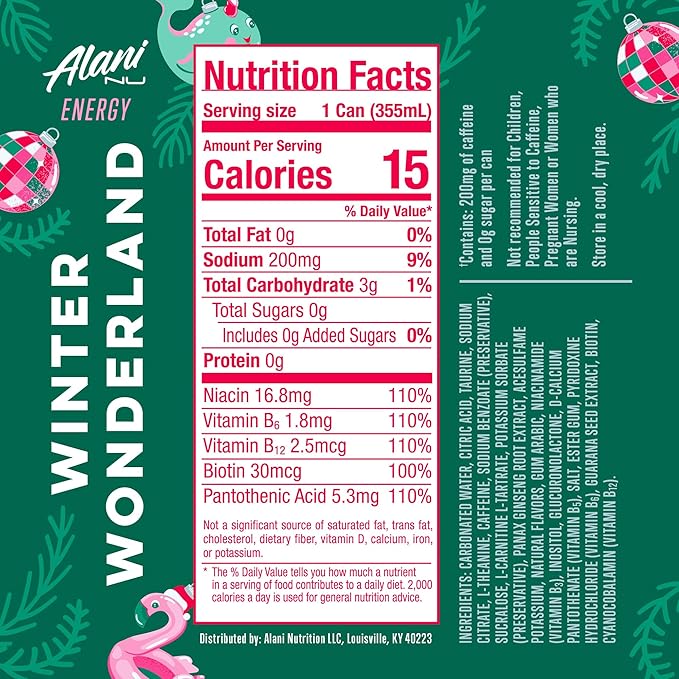 Alani Nu WINTER WONDERLAND Sugar Free Low Calorie Energy Drinks 200mg Caffeine Biotin B Vitamins Zero Sugar 10 Calories 12 Fl Oz Cans 24 Pack