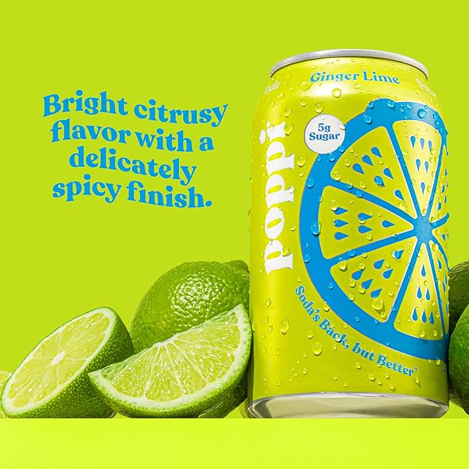 Poppi Sparkling Prebiotic Soda Beverage with Apple Cider Vinegar Seltzer Water and Fruit Juice Ginger Lime Flavor 12 FL Oz Pack of 12 Packaging May Vary