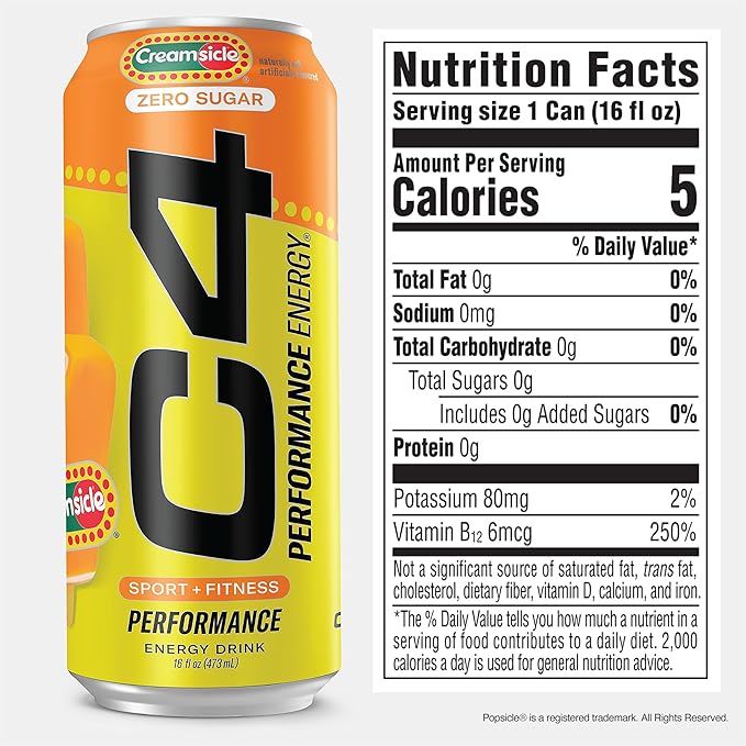 Cellucor C4 Performance Energy Drink | Zero Sugar Carbonated Preworkout Energy 200mg Caffeine with Beta Alanine Orange Creamsicle 16 FL Oz (Pack of 24)