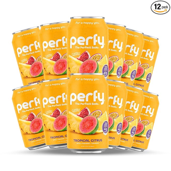 PERFY Caffeine Free Tropical Citrus Soda | Made With Real Fruit Juice – Low Sugar Nootropic Drink with L-Theanine + Turmeric | Calming Adaptogen Mocktail | Keto + GLP-1 Friendly | Sweetened with Stevi