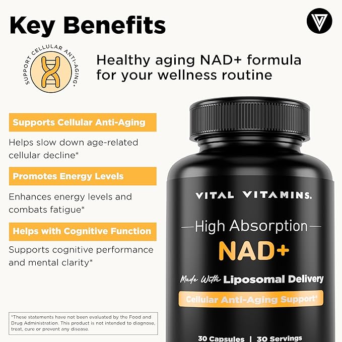 Vital Vitamins NAD Supplement - NAD+ (Nicotinamide Adenine Dinucleotide) for Men &amp Women - Made with Liposomal Delivery - Cellular Anti-Aging Support Energy Focus - 30-Day Supply